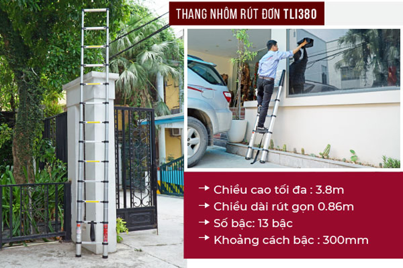 Thang nhôm rút gọn đơn Fujihome TLI380 có chiều cao tối đa là 3.8m