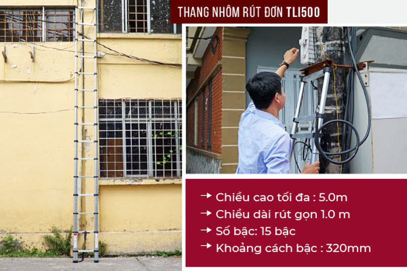 Có 15 bậc với chiều cao tối đa 5m, chiều dài rút gọn 1m.