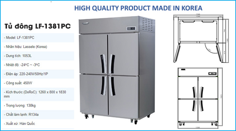 Tủ đông 4 cánh Lassele LF-1381PC - Hàng chính hãng