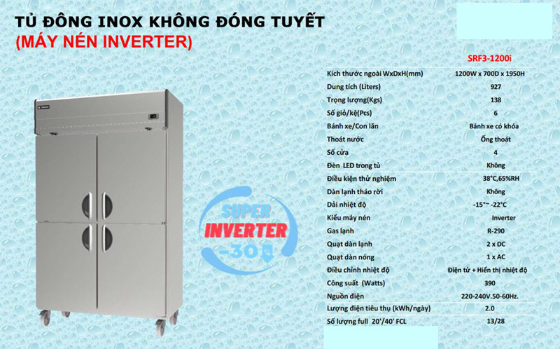 Tủ đông 4 cánh Sanden SRF3-1200I - 927L - Hàng chính hãng