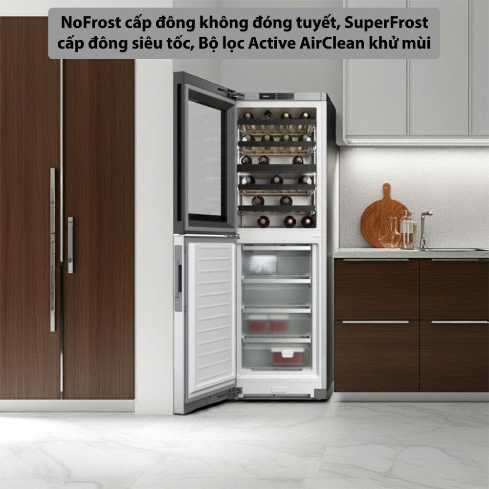 Tủ đông kết hợp tủ rượu 287 lít Miele KWNS-4784DE công nghệ làm lạnh hiện đại cho hiệu suất cao