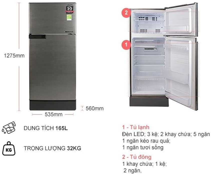 Tủ lạnh 165 lít Inverter Sharp SJ-X176E-DSS - Hàng chính hãng