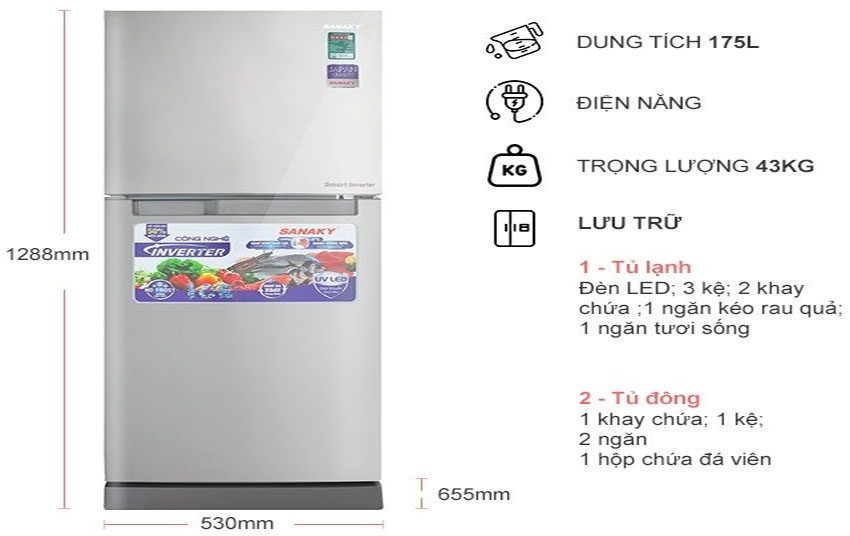 Tủ lạnh 175 lít Inverter Sanaky VH-189HPN - Hàng chính hãng