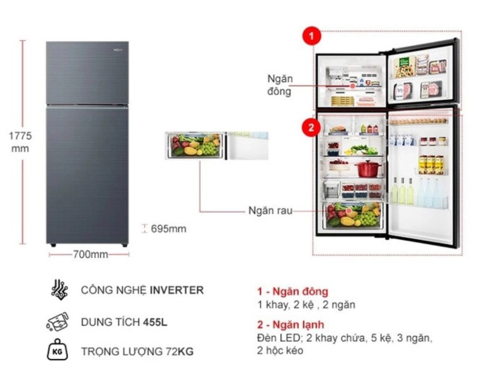 Tủ lạnh Aqua inverter 455 lít AQR-TA518FA(SL) - Hàng chính hãng