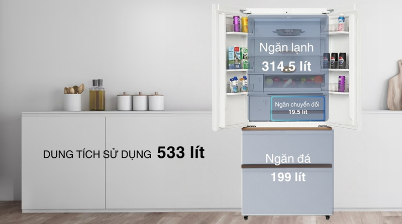 Dung tích 533L, phù hợp cho gia đình đông thành viên.