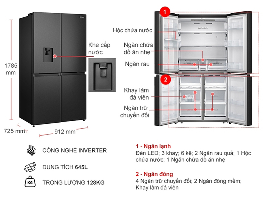 Tủ lạnh Casper Inverter RM-680VBW - Hàng chính hãng