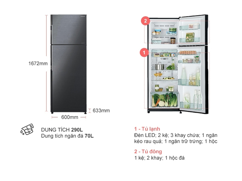 Tủ lạnh 2 cánh Hitachi H350PGV7-BBK - Hàng chính hãng