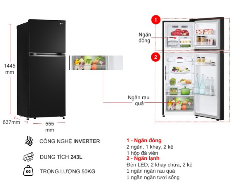 Tủ lạnh LG Inverter 243L GV-B242BL - Hàng chính hãng