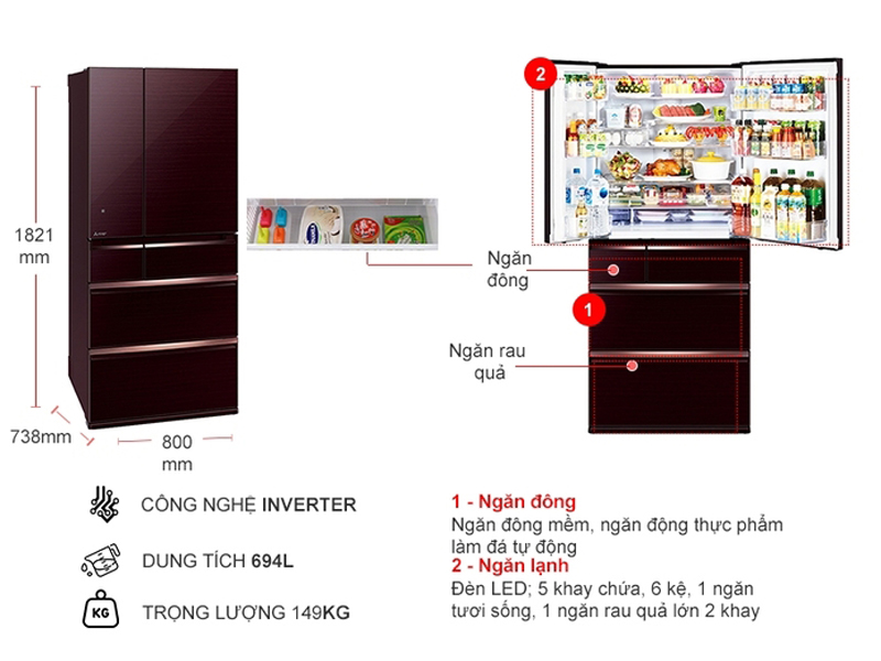 Tủ lạnh Mitsubishi Electric Inverter 694 lít MR-WX70C-BR-V - Hàng chính hãng