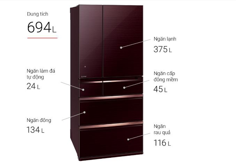 Tủ lạnh Mitsubishi Electric Inverter 694 lít MR-WX70C-BR-V - Hàng chính hãng