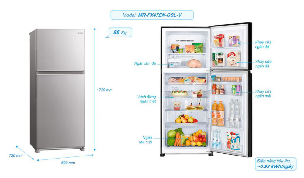 Tủ lạnh Mitsubishi Electric inverter 376 lít MR-FX47EN-GSL-V - Hàng chính hãng