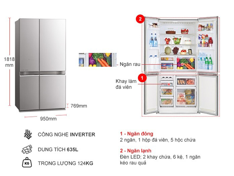 Tủ lạnh Mitsubishi Electric Inverter 635 lít MR-LA78ER-GSL - Hàng chính hãng