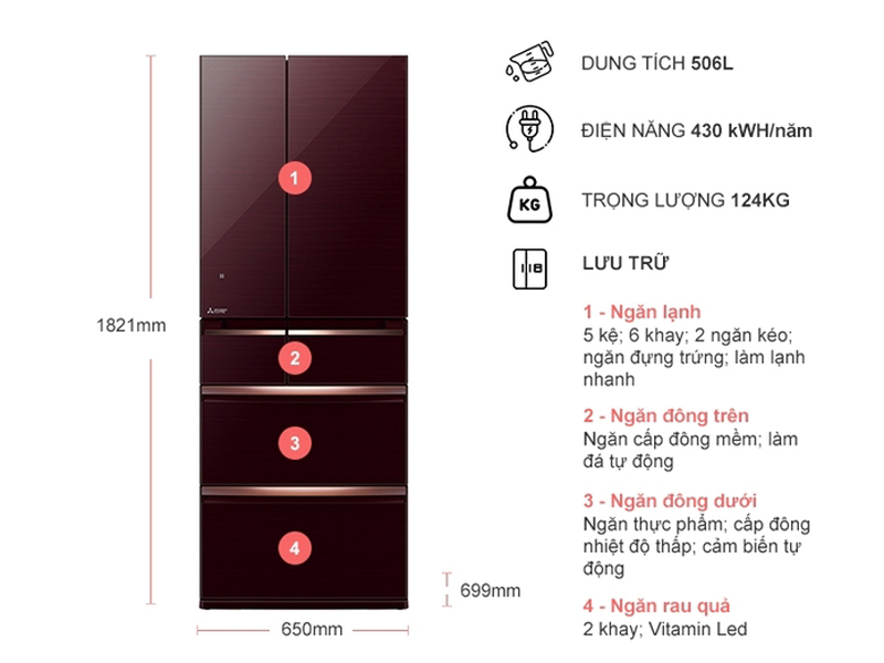 Tủ lạnh Mitsubishi Electric MR-WX52D-BR - Hàng chính hãng