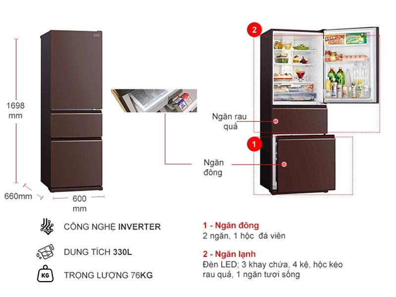 Tủ lạnh Mitsubishi Inverter 330 lít MR-CGX41EN-GBR-V - Hàng chính hãng
