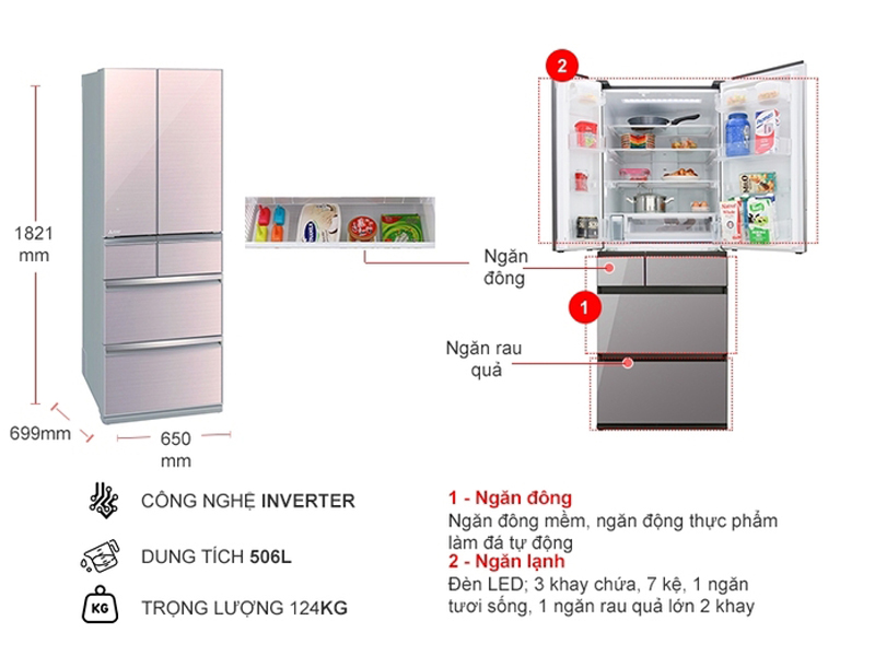 Tủ lạnh Mitsubishi Electric Inverter 506 lít MR-WX52D-F-V - Hàng chính hãng