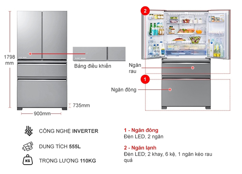 Tủ lạnh Mitsubishi Electric Inverter 555 lít MR-LX68EM-GSL - Hàng chính hãng