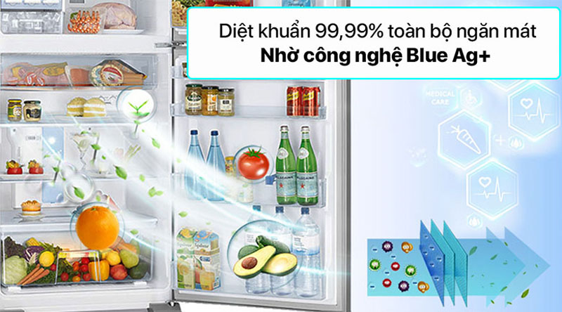 Công nghệ Blue Ag+ có khả năng diệt khuẩn 99.99% toàn bộ ngăn mát