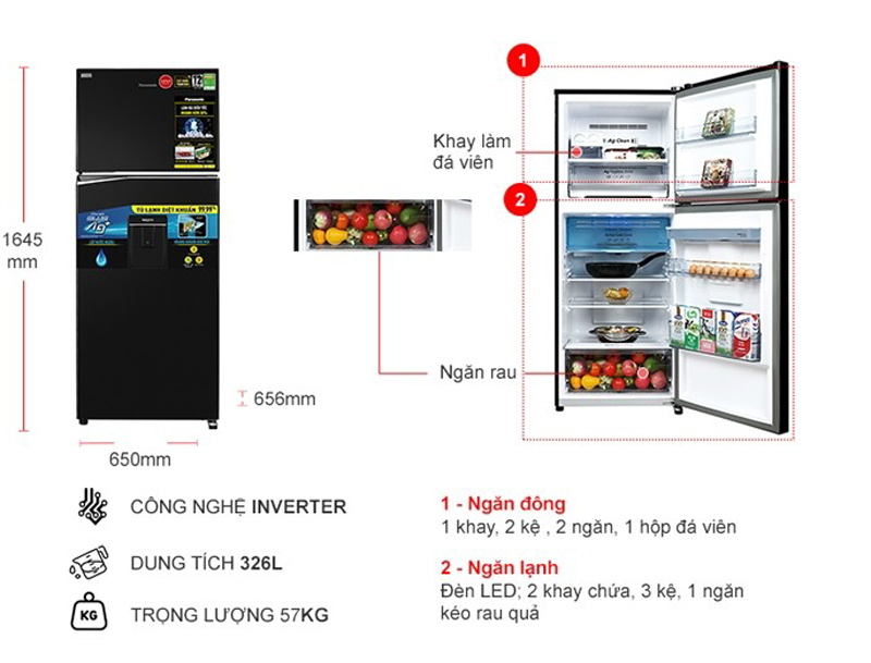 Tủ lạnh Panasonic Inverter NR-TL351GPKV - Hàng chính hãng