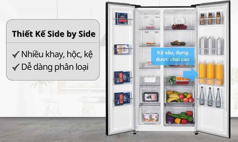 Thiết kế sang trọng với kiểu dáng Side by Side có nhiều khay, hộc, kệ dễ phân loại thực phẩm