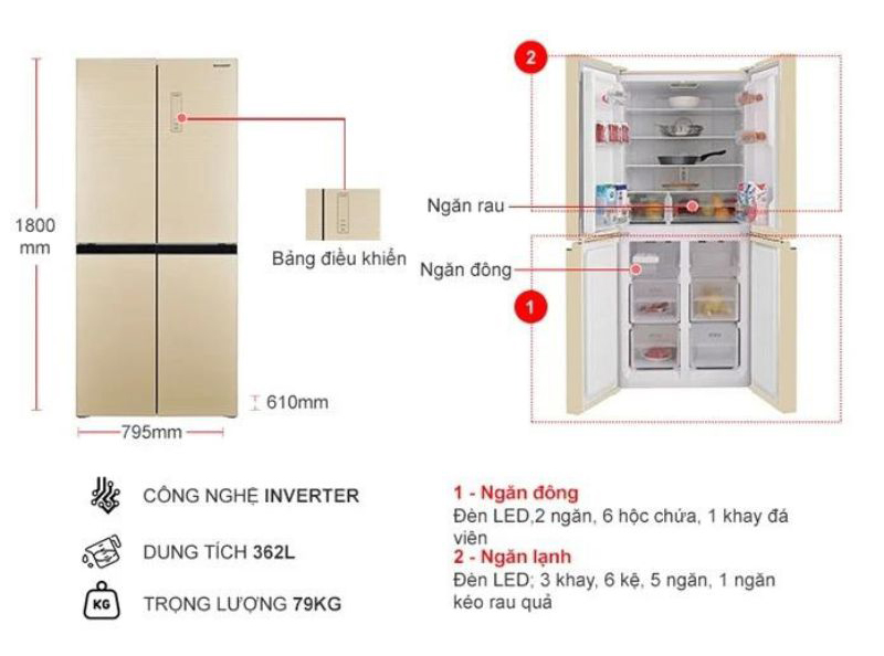 Tủ lạnh Sharp Inverter 362 lít SJ-FX420VG-CH - Hàng chính hãng