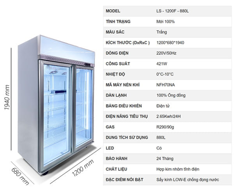 Tủ mát 2 cánh kính Lightcool LS-1200F - Hàng chính hãng
