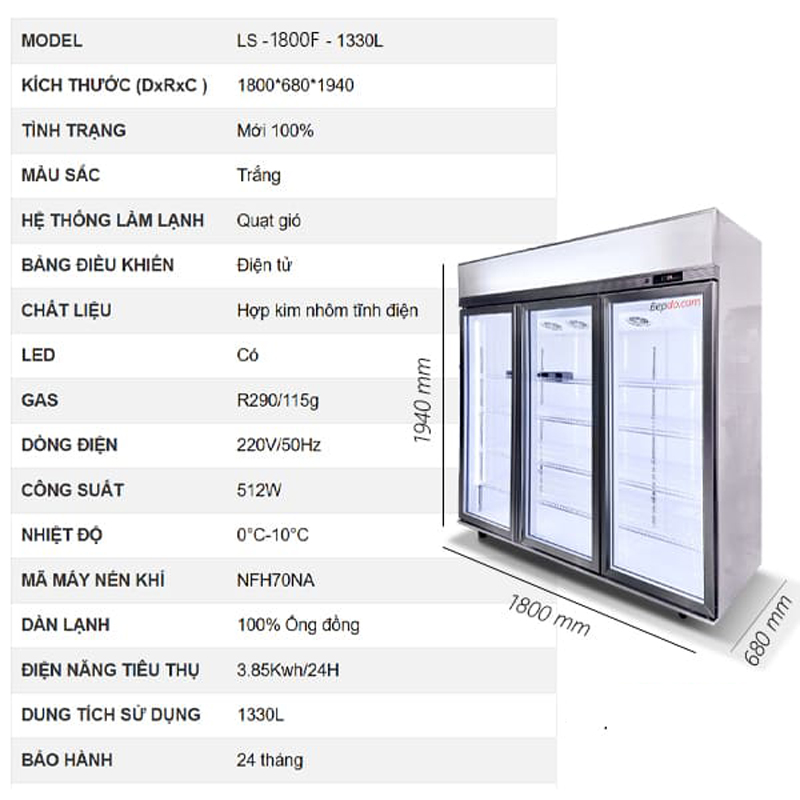 Thông số kỹ thuật của tủ mát 3 cánh kính Lightcool LS-1200F