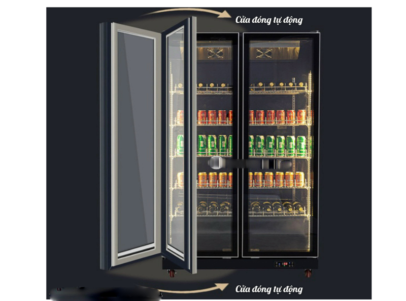 Cánh tủ hoàn toàn bằng kính cường lực hai lớp, và tự động đóng lại tránh thất thoát nhiệt ra ngoài 