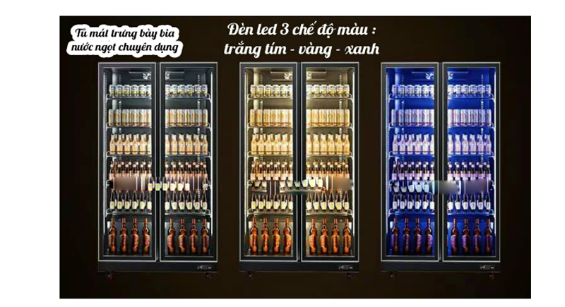  Hệ thống đèn led chiếu sáng 3 màu  trắng tím/xanh/vàng giúp tủ luôn sáng dễ dàng quan sát hàng hóa bên trong.