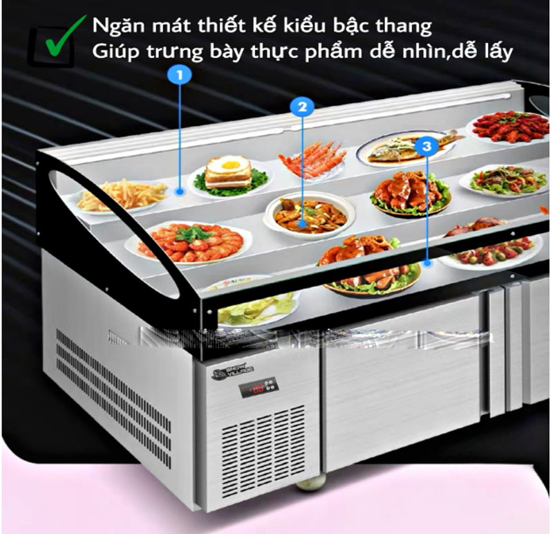 Cửa kính phía trên trong suốt, giúp khách hàng dễ dàng quan sát thức ăn bên trong
