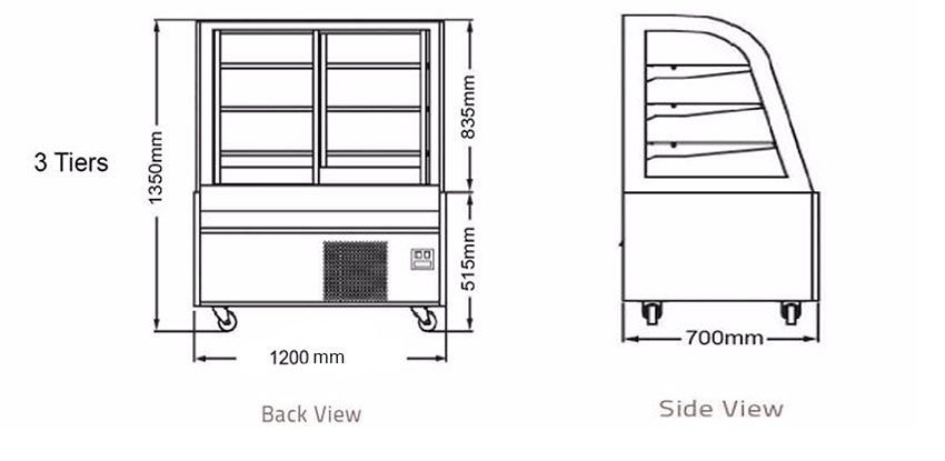 Kích thước của tủ trưng bày bánh kem kính cong Berjaya CCS12SB13-3FB