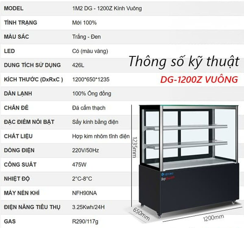 Tủ trưng bày bánh kem kính vuông 1m2 Lightcool DG-1200Z/V - Hàng chính hãng
