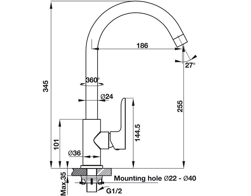 Kích thước của Vòi rửa bát Hafele Augustus HT-C255 570.52.281