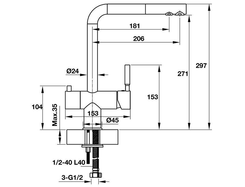 Kích thước của Vòi rửa bát Hafele Marcus HT-C244 570.51.070