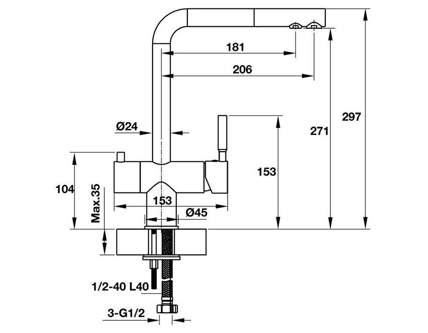 Kích thước của Vòi rửa chén bát Häfele Marcus HT-C271 570.51.060