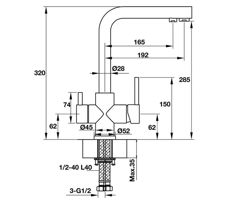 Kích thước của Vòi rửa bát Hafele Marcus HT-C285 570.51.050