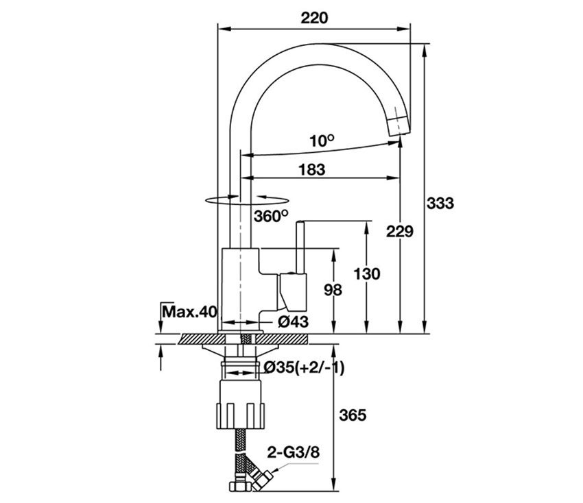 Kích thước của vòi rửa chén Hafele HT-C220 570.51.290