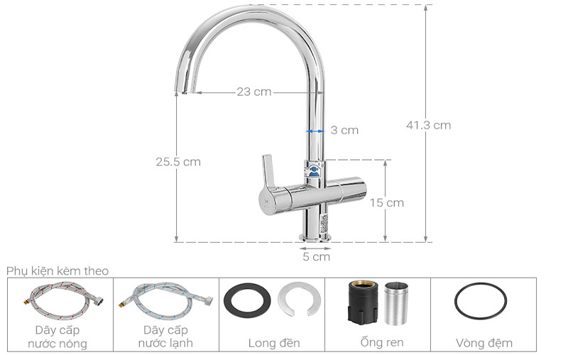 Kích thước của Vòi rửa chén nóng lạnh tăng áp đồng Malloca K150DW 