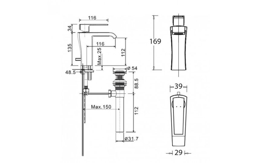 Bản vẽ của vòi rửa mặt nóng lạnh American Standard WF-0601