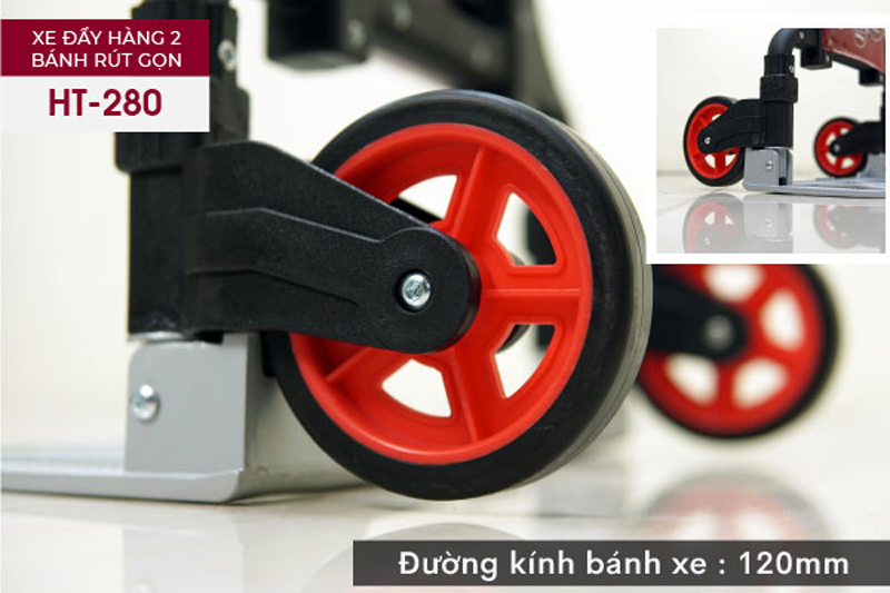Hai bánh xe thiết kế đường kính 120mm chắc chắn, cứng cáp, hạn chế bị lật