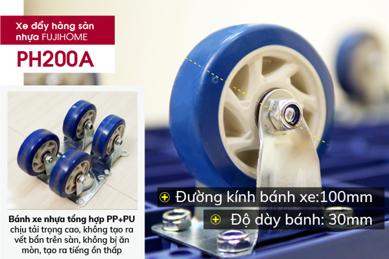 4 bánh xe làm bằng nhựa tổng hợp giúp xe đẩy có thể di chuyển nhẹ nhàng