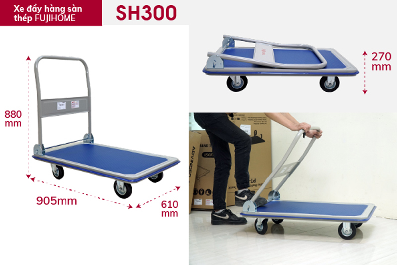 Xe đẩy hàng sàn thép 4 bánh Fujihome SH300 - Hàng chính hãng