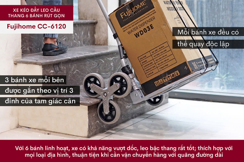 Xe kéo đẩy leo cầu thang 6 bánh rút gọn FujiHome CC-6120 - Hàng chính hãng