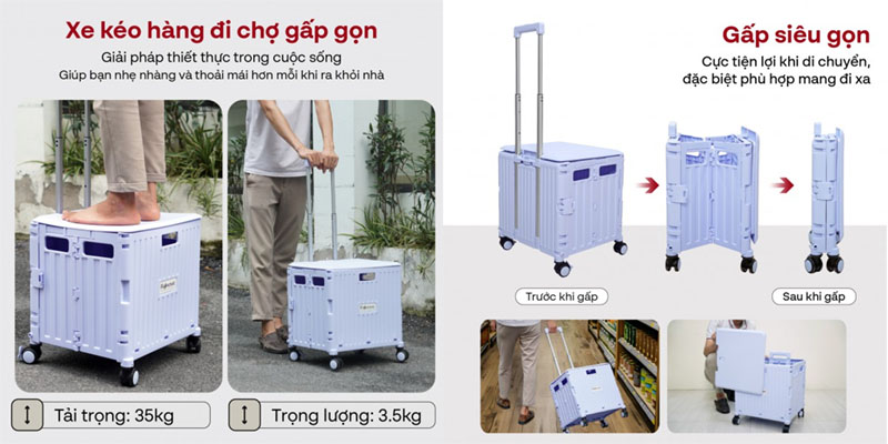 Xe kéo hàng đi chợ rút gọn Fujihome PT-45F - Hàng chính hãng