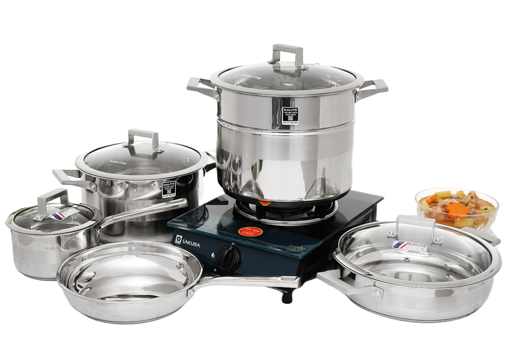 Bộ nồi chảo inox 5 đáy nắp kính Kalite KL-339 - Hàng chính hãng