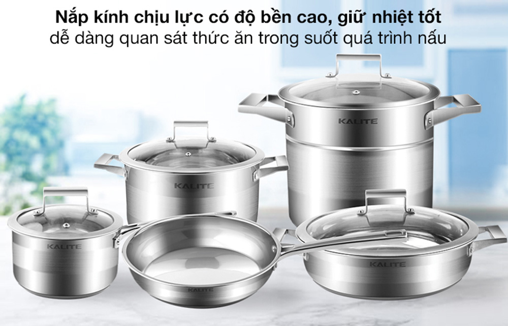 Bộ nồi chảo inox 5 đáy nắp kính Kalite KL-339 - Hàng chính hãng
