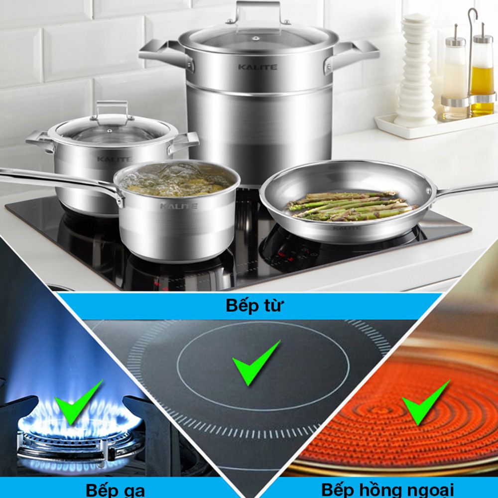 Bộ nồi chảo inox 5 đáy nắp kính Kalite KL-339 - Hàng chính hãng