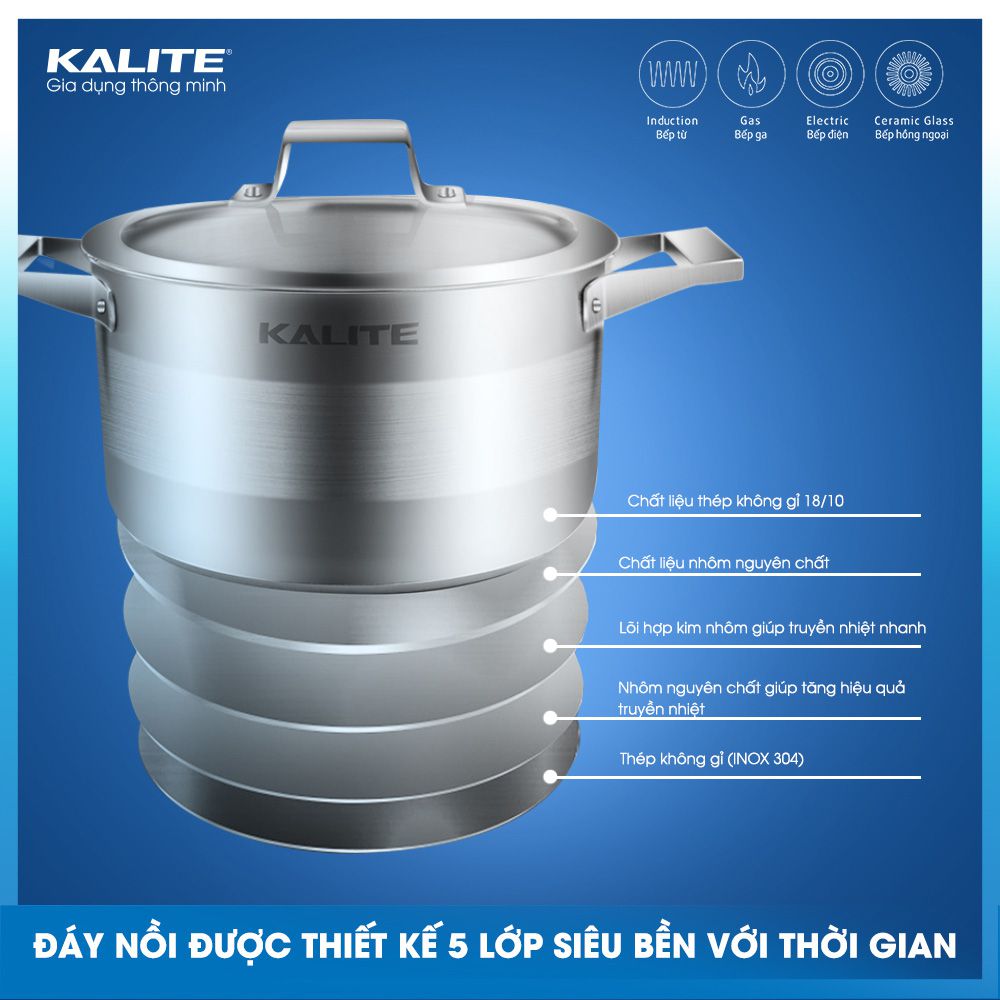 Bộ nồi chảo inox 5 đáy nắp kính Kalite KL-339 - Hàng chính hãng