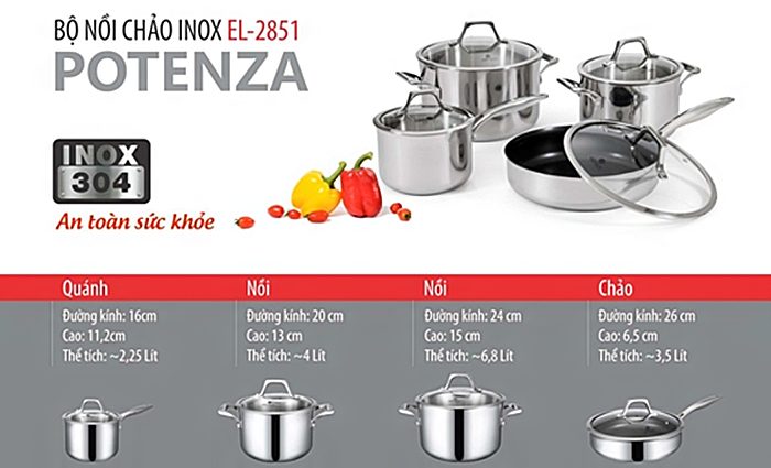 Bộ nồi chảo inox Elmich Potenza EL-2851 - Hàng chính hãng