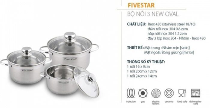 Bộ nồi inox 3 đáy nắp kính quai oval FiveStar FS06CG2 - Hàng chính hãng