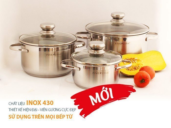Bộ nồi inox 3 đáy nắp kính quai oval FiveStar FS06CG2 - Hàng chính hãng
